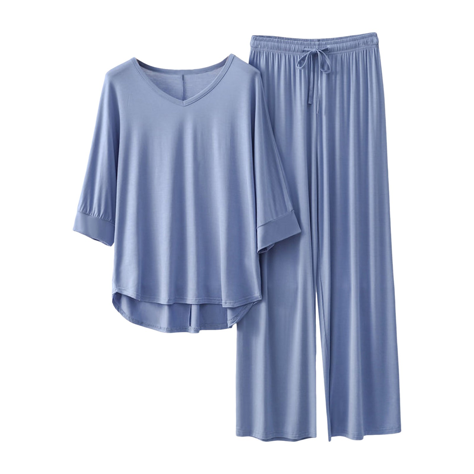 thumbnail image 1 of Conjunto de pijama de manga 3/4 para mujer: top con cuello en V y pantalones con cintura elástica, tejido de poliéster, ropa informal para estar por casa - Tallas L/XL, 1 of 2